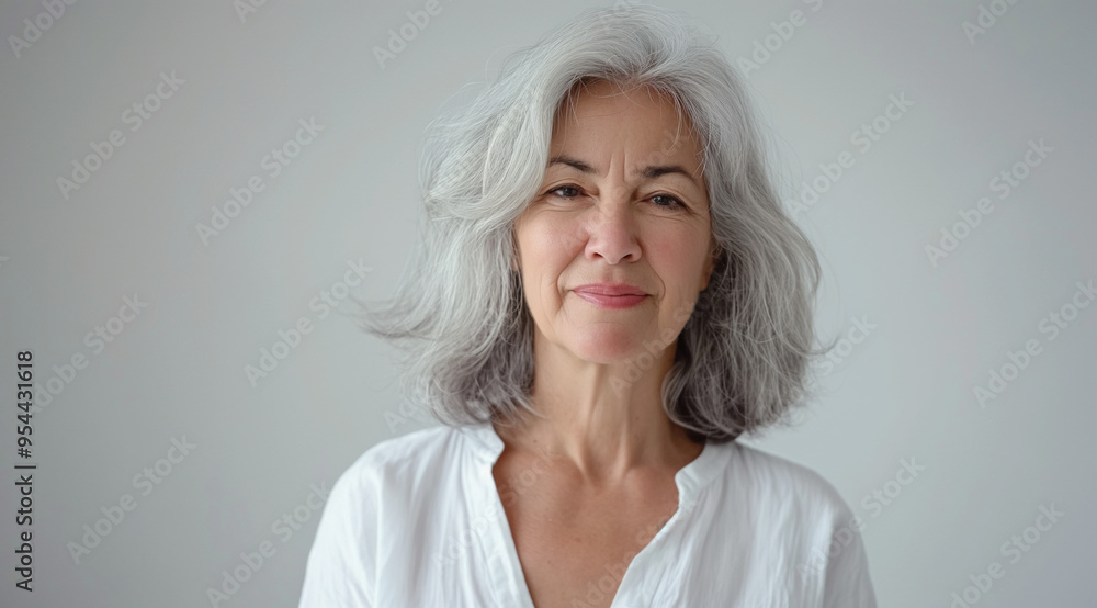 portrait of happy senior woman with gray hair wearing a white shirt on a light background, middle age happy woman, smiling woman, portrait of a woman portrait of happy senior woman with gray hair wearing a white shirt on a light background, middle age happy woman, smiling woman, portrait of a woman