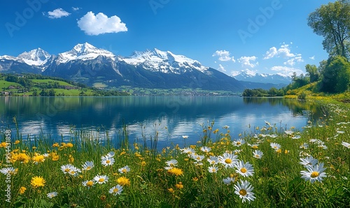 Picturesque Alpine Lake with Snow-Capped Mountains and Wildflowers photo