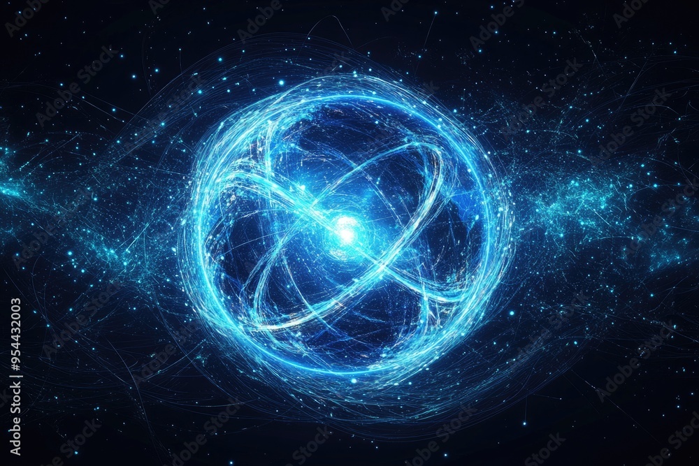 Line art illustration of a blue energy magic circle featuring a sphere created from futuristic waves and particles representing atomic energy and an electric force field Abstract backdrop Line art illustration of a blue energy magic circle featuring a sphere created from futuristic waves and particles representing atomic energy and an electric force field Abstract backdrop