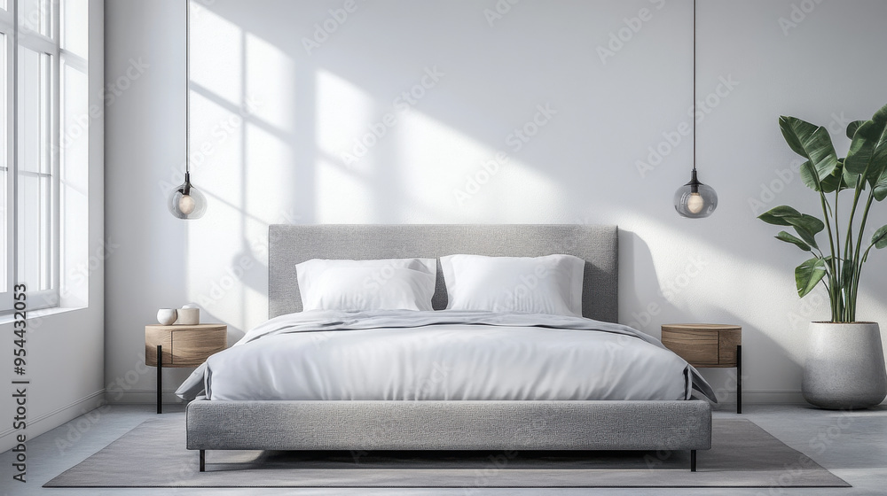 Minimalist bedroom with grey bed frame, light grey backdrop, white walls, photorealistic, Minimalist bedroom with grey bed frame, light grey backdrop, white walls, photorealistic,