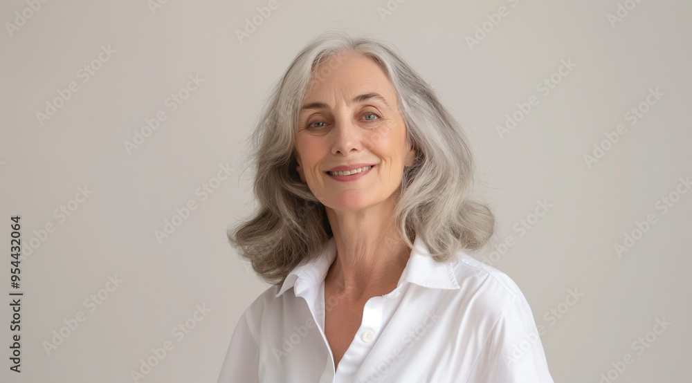 portrait of happy senior woman with gray hair wearing a white shirt on a light background, middle age happy woman, smiling woman, portrait of a woman portrait of happy senior woman with gray hair wearing a white shirt on a light background, middle age happy woman, smiling woman, portrait of a woman