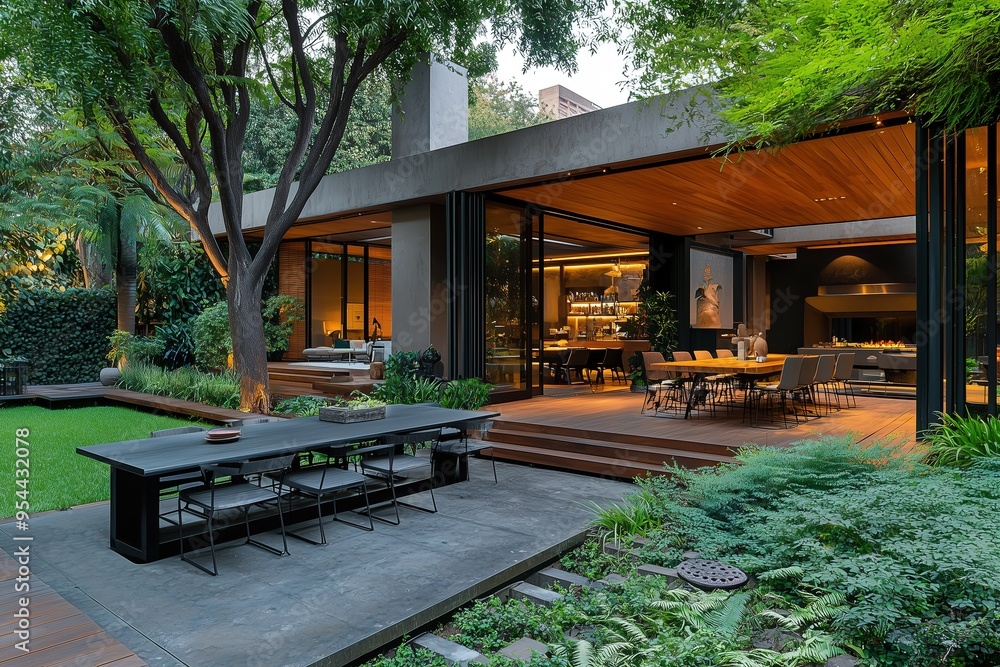 Obraz premium Modern open-concept home with indoor-outdoor living space, large glass doors, and lush greenery in a serene setting.
