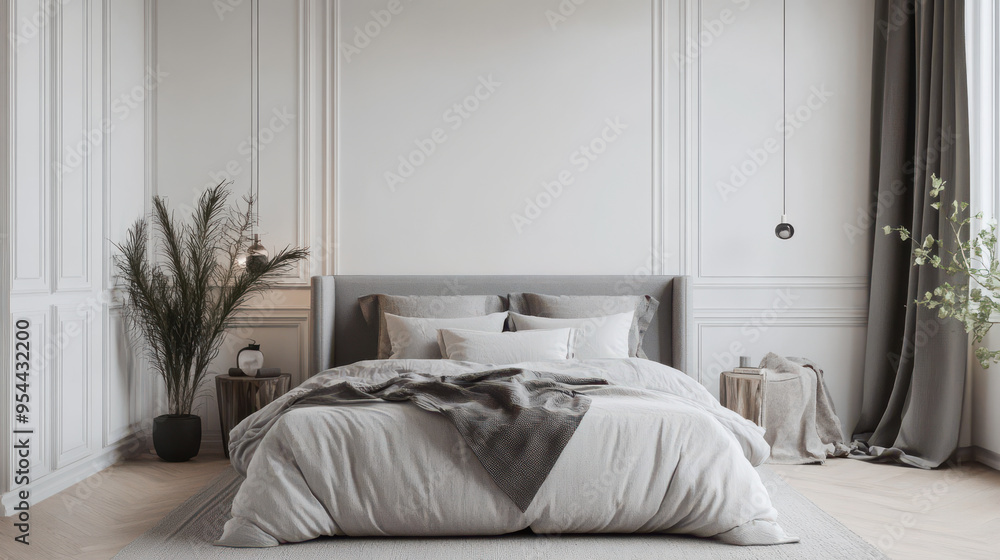 Minimalist bedroom with grey bed, light grey accent wall, white walls, photorealistic details, Minimalist bedroom with grey bed, light grey accent wall, white walls, photorealistic details,