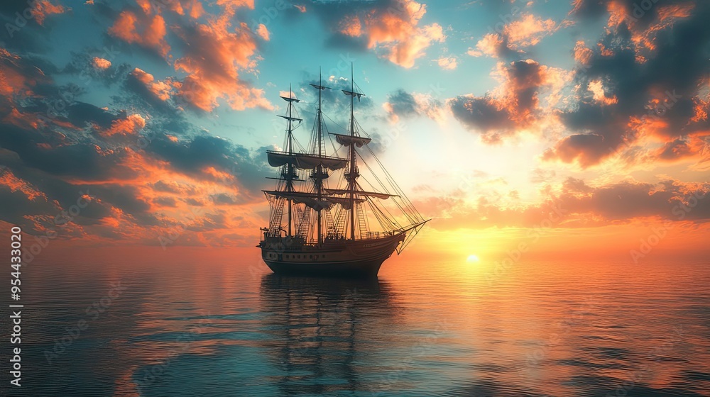 Fototapeta premium Sailboat Navigating Calm Waters at Sunset