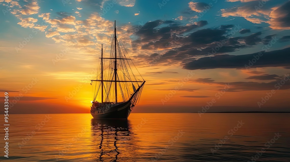 Obraz premium Silhouetted Sailboat at Sunset on a Calm Sea