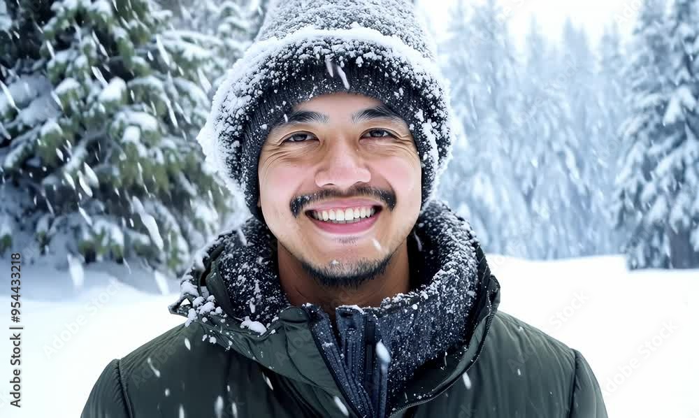 Thai Man Smiling in a Snowy Landscape - Timelapse Video Thai Man Smiling in a Snowy Landscape - Timelapse Video