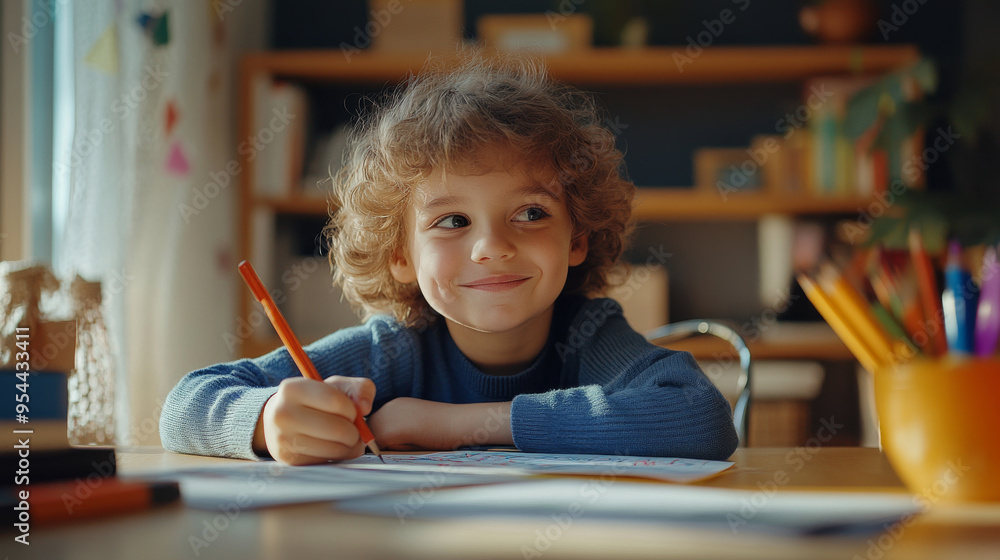 Portrait of a young caucasian boy kid sitting at the dining table doing homework, math problems with a smile Portrait of a young caucasian boy kid sitting at the dining table doing homework, math problems with a smile