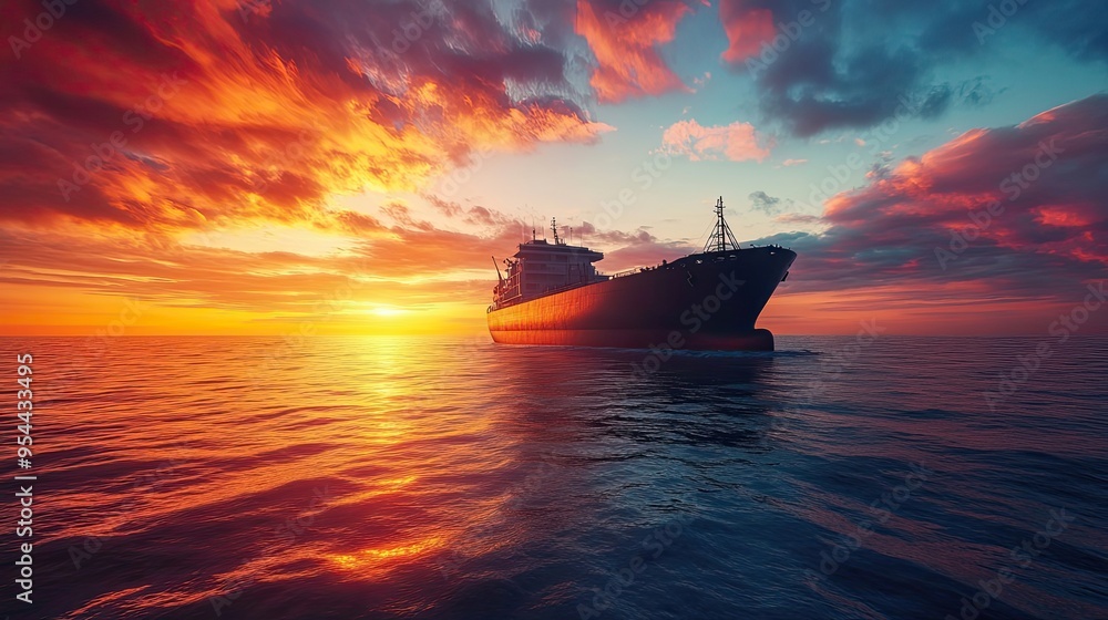 Cargo Ship Silhouetted Against Dramatic Sunset Over Ocean Cargo Ship Silhouetted Against Dramatic Sunset Over Ocean