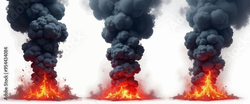 Three stages of volcanic eruption: black smoke, gray smoke, and red lava