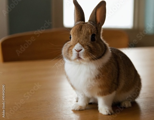 Netherland dwarf rabbit sit on the table in modern room and looking at camera. Ai generated image