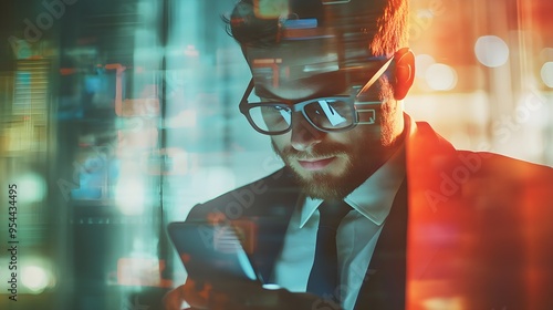 A man is looking at his cell phone while wearing glasses and a suit