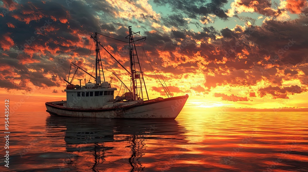 Fototapeta premium A fishing vessel sits on calm waters beneath a dramatic sunset.
