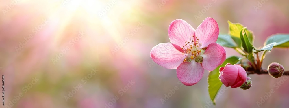 A tight shot of a pink bloom on a tree branch, sun rays filtering through surrounding trees A tight shot of a pink bloom on a tree branch, sun rays filtering through surrounding trees