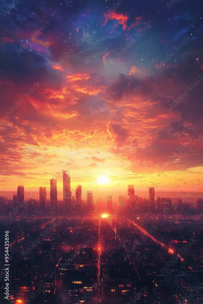 Reflections of Serenity: A Distant City Skyline AgainstColorful Sunset Sky Reflections of Serenity: A Distant City Skyline AgainstColorful Sunset Sky