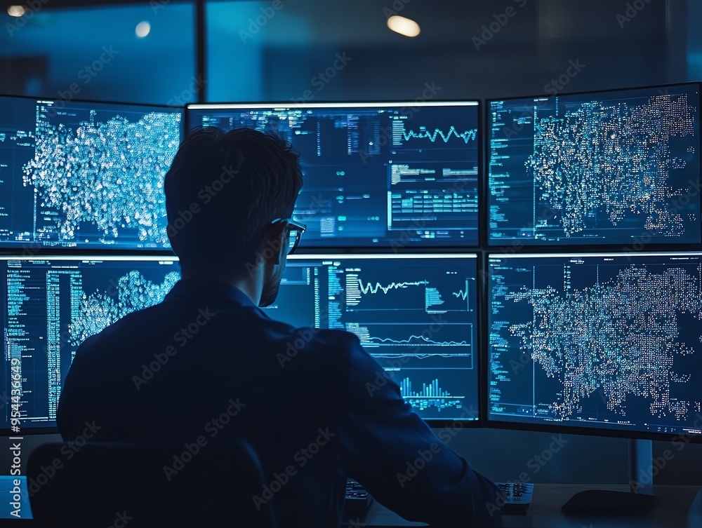 Fototapeta premium Professional analyzing data on large screens, dimly lit room, blue hues, midshot, focused and analytical