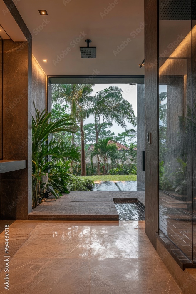 Obraz premium Refreshing Luxury inContemporary BathroomGarden View and Walk-In Shower
