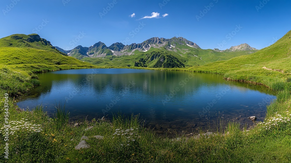 Small mountain lake, surrounded by lush green hills, clear sky, midday light, wideangle shot, peaceful alpine retreat Small mountain lake, surrounded by lush green hills, clear sky, midday light, wideangle shot, peaceful alpine retreat