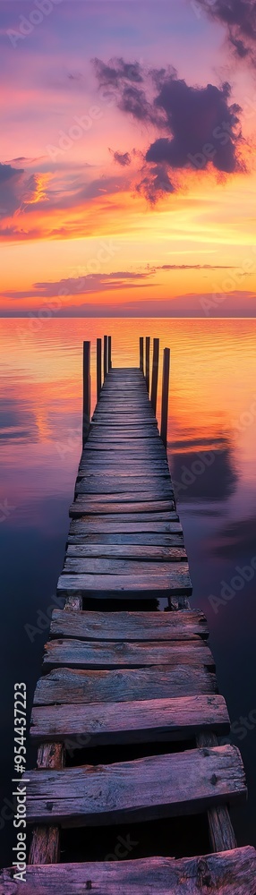 Fototapeta premium Sunset over a lake, wooden pier leading into the horizon, vibrant orange and purple sky, calm waters, wide shot, tranquil and reflective