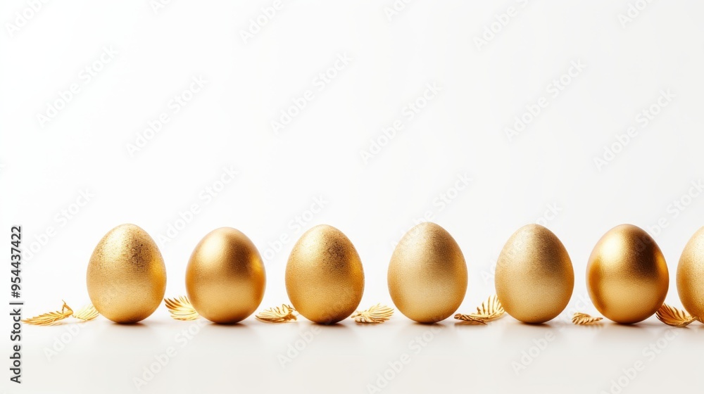 Golden easter eggs in a row on white background: minimalist easter concept with festive decoration and copy space for happy easter greeting card
Golden easter eggs in a row on white background: minimalist easter concept with festive decoration and copy space for happy easter greeting card