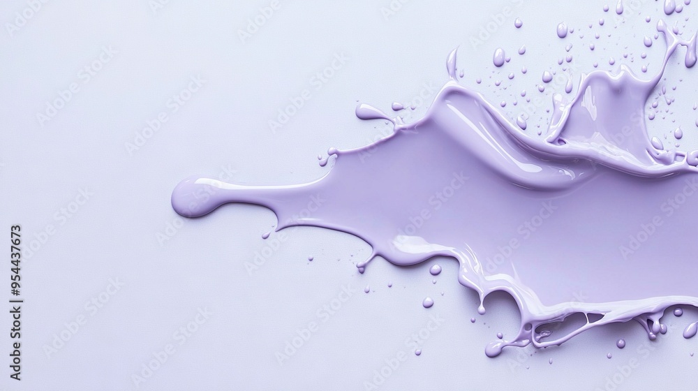 A white surface with a purple liquid splashing down its side and droplets of water on top A white surface with a purple liquid splashing down its side and droplets of water on top