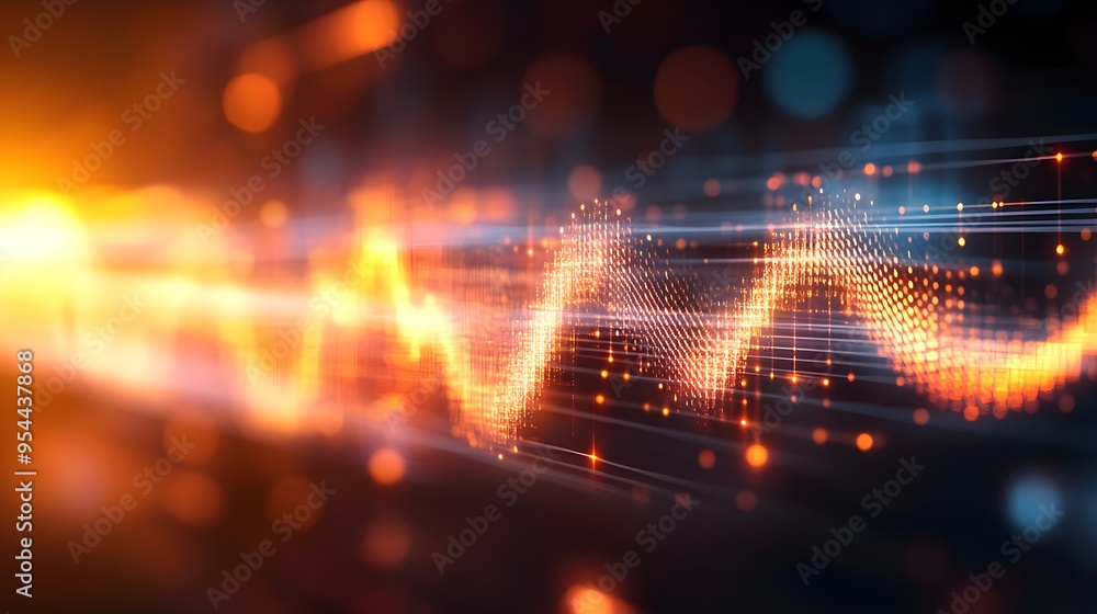 Double exposure image of a voiceprint waveform fused with glowing AI circuits, symbolizing advanced voice recognition systems Double exposure image of a voiceprint waveform fused with glowing AI circuits, symbolizing advanced voice recognition systems