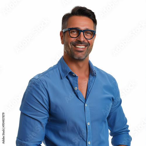 portrait of a man, portrait of a person with glasses, smiling young man in blue shirt and glasses with arms crossed, portrait of person smiling, facing camera