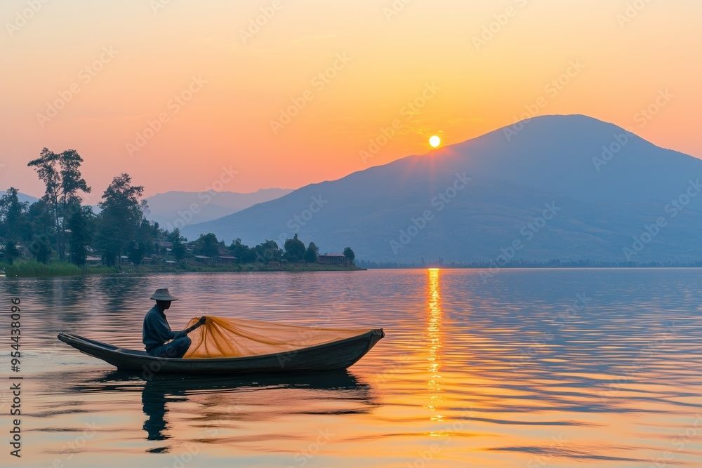 A serene scene of a fisherman in a traditional wooden boat casting his net on a calm lake at sunrise. A serene scene of a fisherman in a traditional wooden boat casting his net on a calm lake at sunrise.