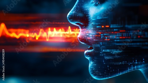 Close-up of a robotic face with AI soundwaves in double exposure, showcasing the future of voice recognition, blending digital signals and human features--style raw