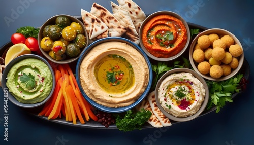 Mediterranean Vegan Mezze Platter. A vibrant vegan mezze platter featuring hummus, baba ghanoush, falafel, and tabbouleh photo