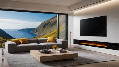 Modern Living Room Interior Design with Ocean View  Fireplace and Gray Sofa