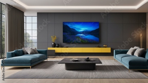 Modern living room interior design with blue sofa  yellow cabinet  and TV displaying scenic landscape