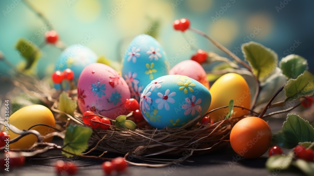 Colorful easter greeting card with vibrant easter eggs: festive and decorative design for spring celebrations, featuring a variety of intricately painted eggs against a soft pastel background, perfect Colorful easter greeting card with vibrant easter eggs: festive and decorative design for spring celebrations, featuring a variety of intricately painted eggs against a soft pastel background, perfect