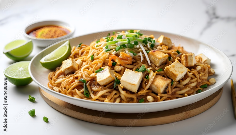 A vibrant vegan Pad Thai dish, featuring stir-fried rice noodles, tofu, crushed peanuts, bean sprouts, and fresh lime, served in a white bowl A vibrant vegan Pad Thai dish, featuring stir-fried rice noodles, tofu, crushed peanuts, bean sprouts, and fresh lime, served in a white bowl