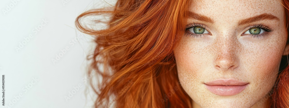 Obraz premium A tight shot of a woman with freckles dotting her face and hair gazes into the camera