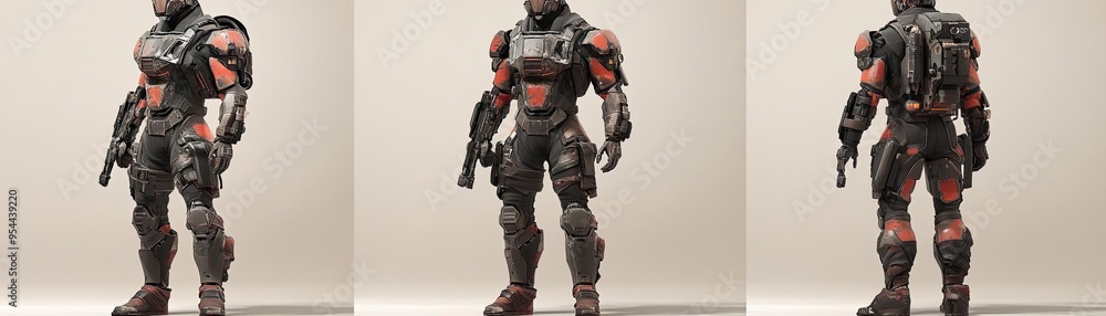 Cyborg bounty hunter, with cybernetic limbs, advanced weaponry, and a rugged appearance, 3D illustration Cyborg bounty hunter, with cybernetic limbs, advanced weaponry, and a rugged appearance, 3D illustration