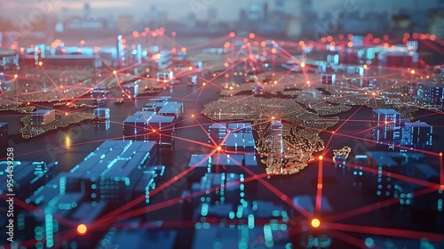 A complex global supply chain network represented in a 3D digital model.