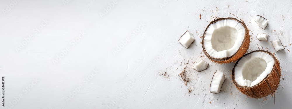 Two coconuts atop a table, nearby marshmallows on a pristine white surface Two coconuts atop a table, nearby marshmallows on a pristine white surface
