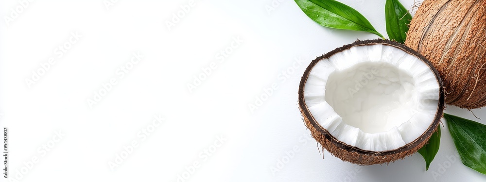  A whole coconut and a cut-in-half coconut on a white surface, each with a green leaf atop
