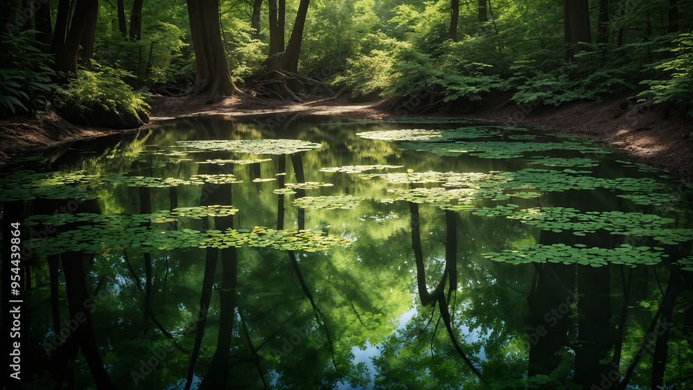 A small pond in a sunny forest A small pond in a sunny forest