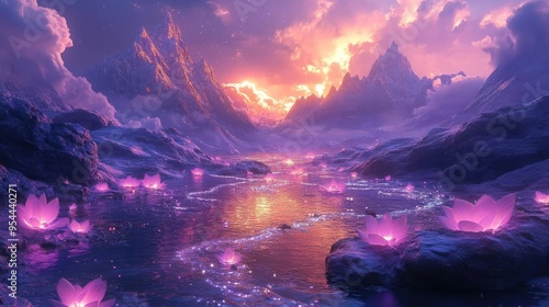 Digital landscape, with floating mountains and rivers of light, digital art, 3D illustration photo