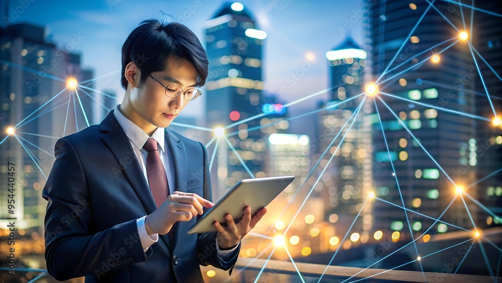 Fototapeta premium Business asia professional using a tablet to explore digital data connections at night in an urban setting