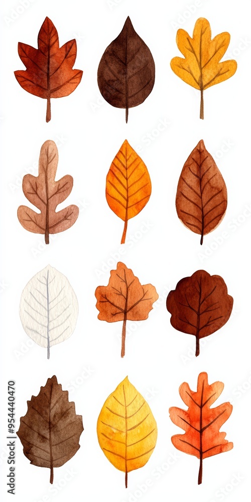 Obraz premium Watercolor paper texture sticker design pastel colors simple lines vibrant autumn leaves oak maple and birch leaves scattered soft light and shadows orange yellow red palette