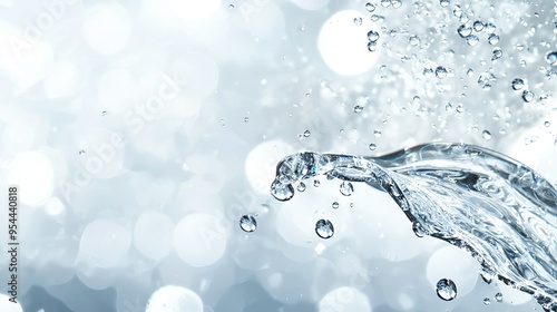   A close-up of water splashing from a faucet against a blue and white floral background