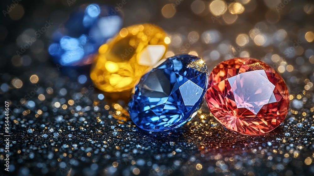 Close-up of Four Gemstones on a Glittering Surface Close-up of Four Gemstones on a Glittering Surface