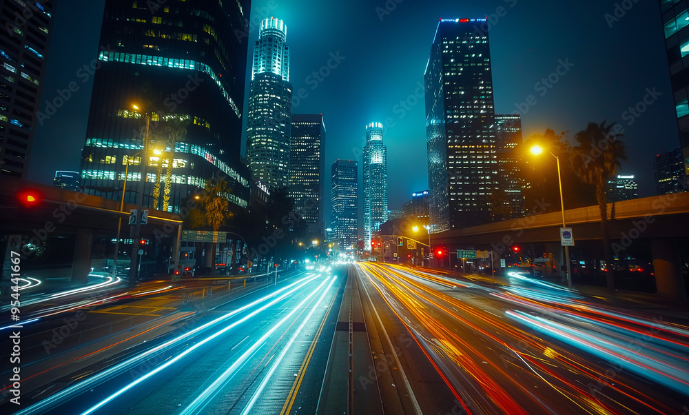 Night cityscape with skyscrapers glowing, time-lapse shot capturing the motion of street lights Night cityscape with skyscrapers glowing, time-lapse shot capturing the motion of street lights