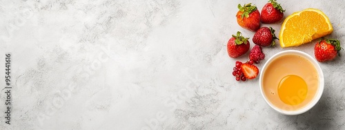  A white marble surface holds a bowl of orange juice, accompanied by sliced strawberries and oranges against a gray background