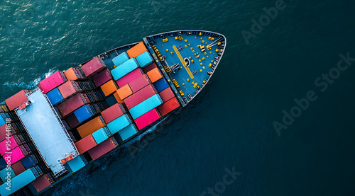 “Aerial View of a Cargo Ship with Containers Loading at a Port, Showcasing Global Shipping, Trade, and Logistics, Ideal for Visual Content Related to International Commerce, Transportation, and Mariti photo