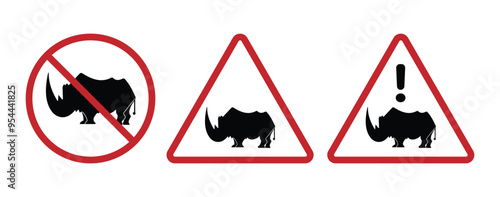 set of rhino warning signs red triangle