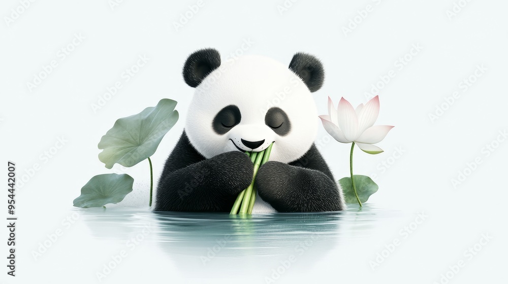 Double exposure of a happy cartoon panda eating bamboo, with a tranquil lake and lotus flowers in the background Double exposure of a happy cartoon panda eating bamboo, with a tranquil lake and lotus flowers in the background