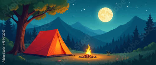 Camping Night: Orange Tent and Moonlit Mountains photo